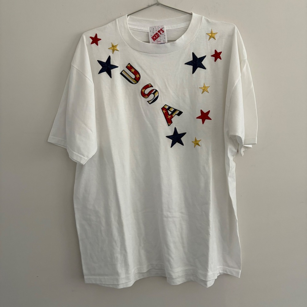Vintage Iced T's USA Stars Graphic T-Shirt White Mens XL 90s Single Stitch